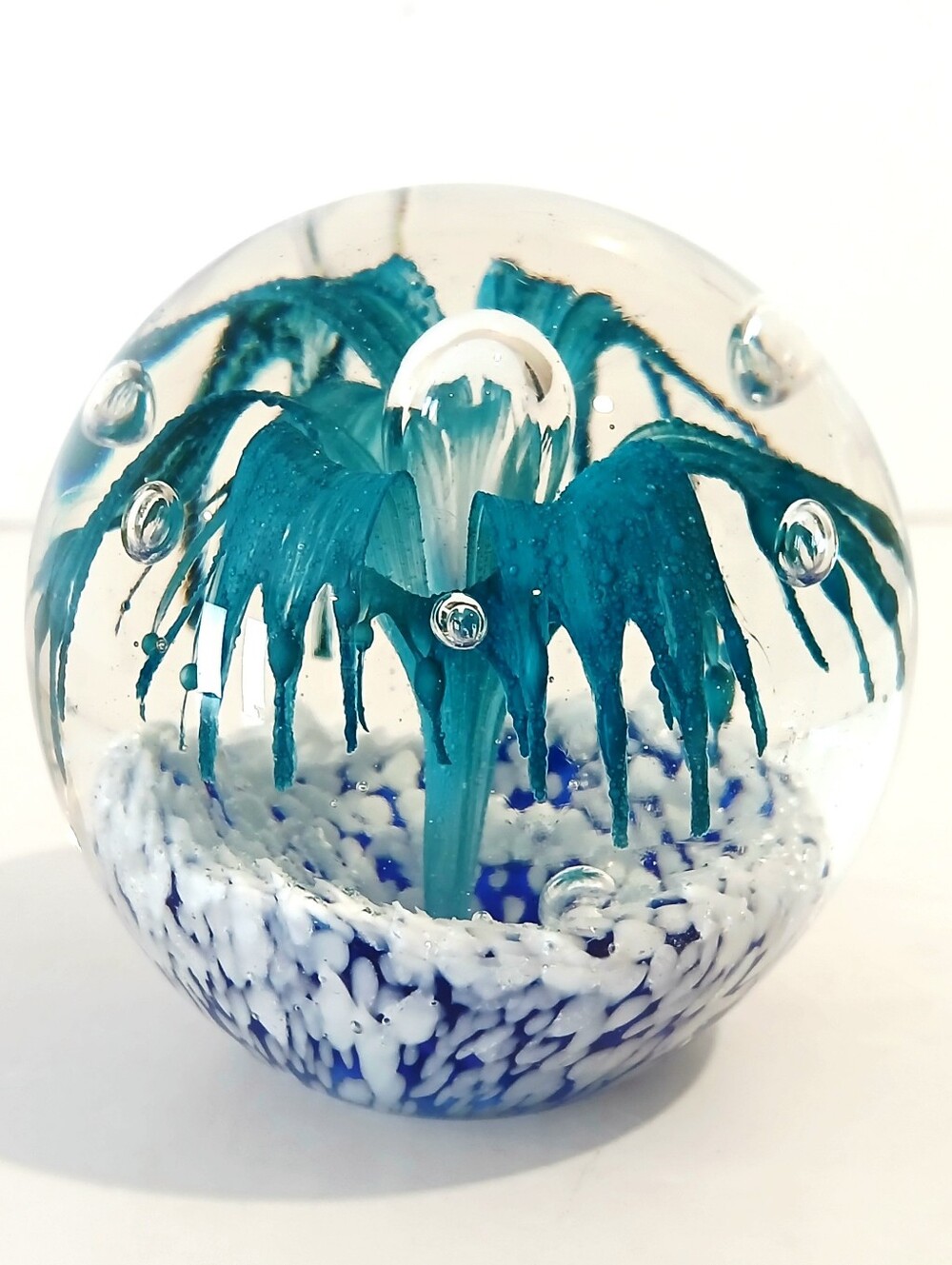Collectible Hand-Blown Turquoise Glass Art Sphere Paperweight